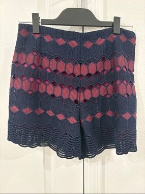 Anthropologie Navy Crochet Overlay Shorts with Berry Lining